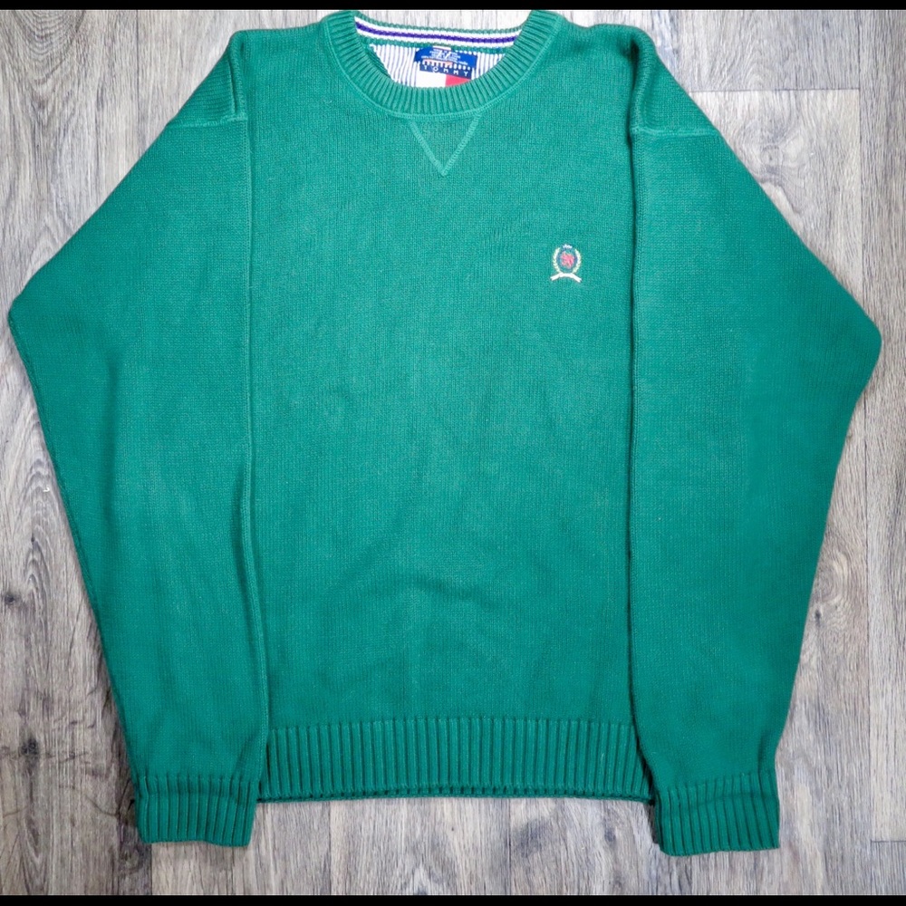 Mens Vintage Tommy Hilfiger Logo Sweater Green XL